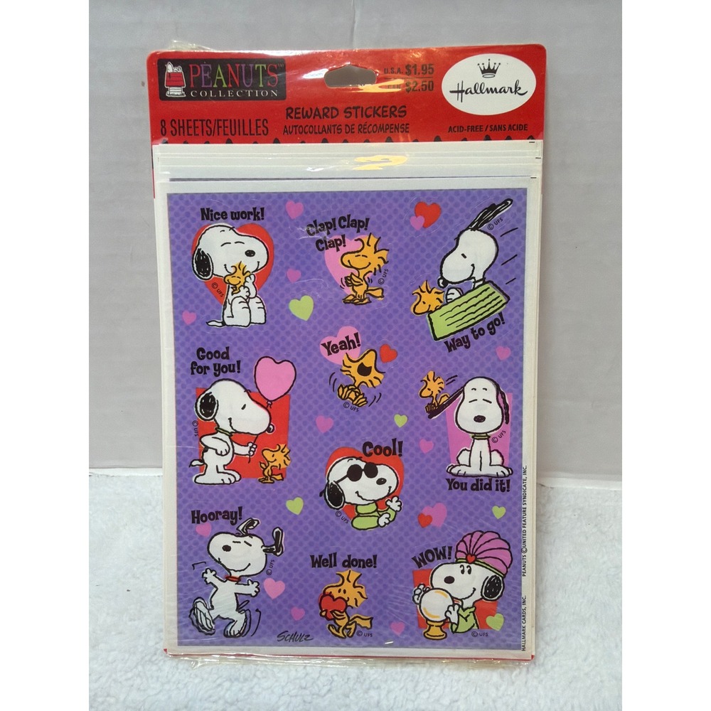 Vintage Hallmark Peanuts Reward Stickers Purple Snoopy Woodstock 8 Sheets